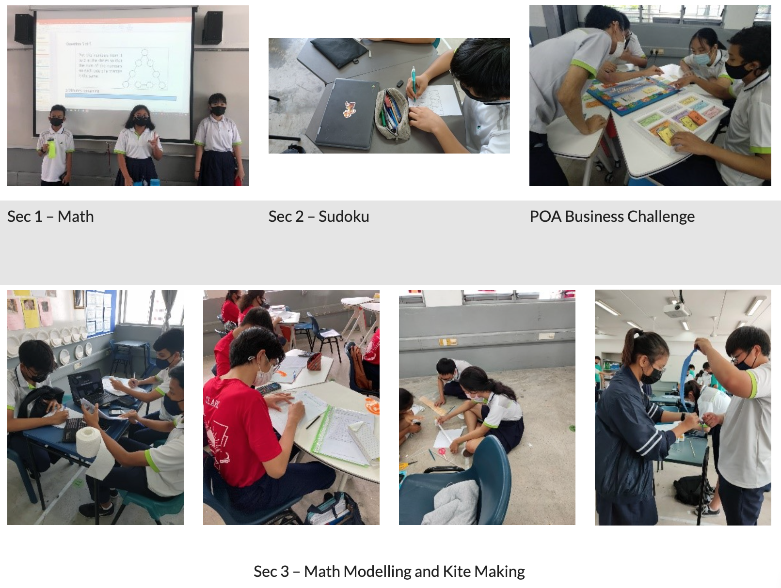 Students in school uniforms and masks doing math, sudoku, a business challenge, math modelling, and kite making activities.
